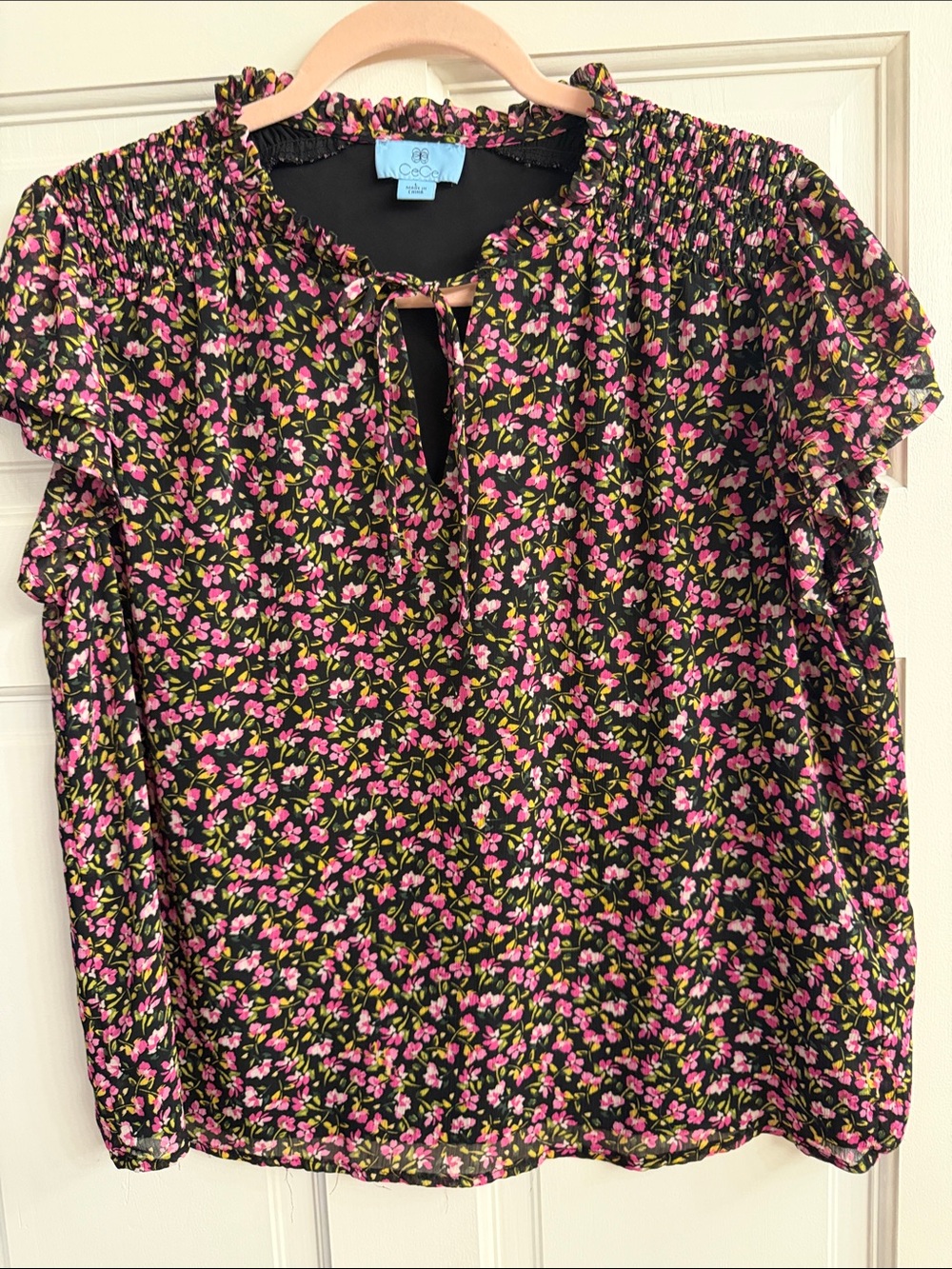 CeCe Black Floral Tie-Neck Blouse with Pink & Green Accents